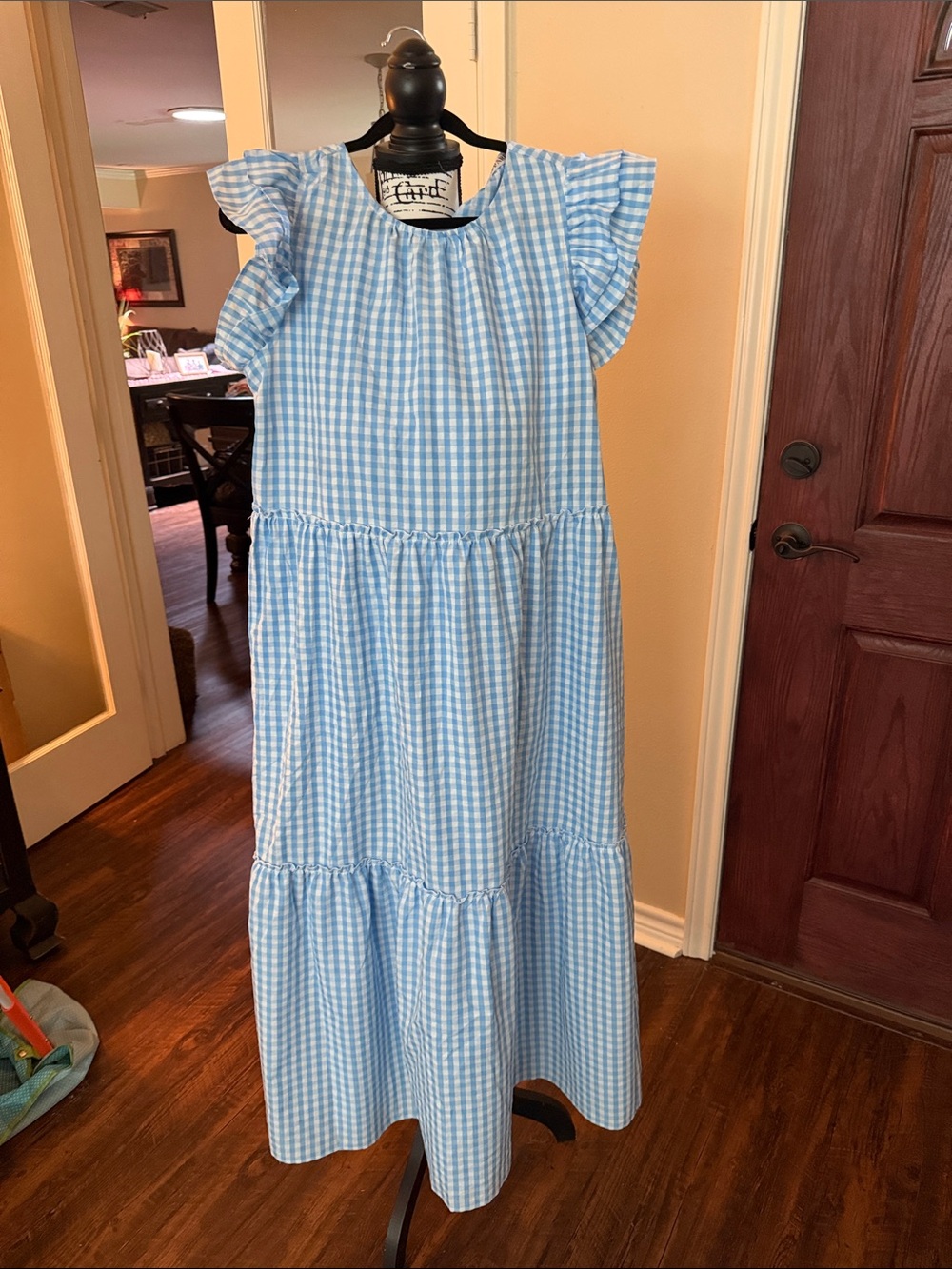 ' Blue Gingham Ruffle Sleeve Maxi Dress